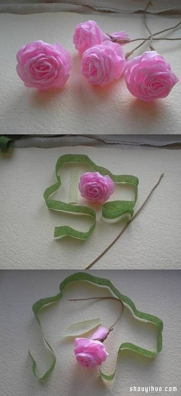 How to fold crepe paper roses, illustrated handmade origami pink rose tutorial