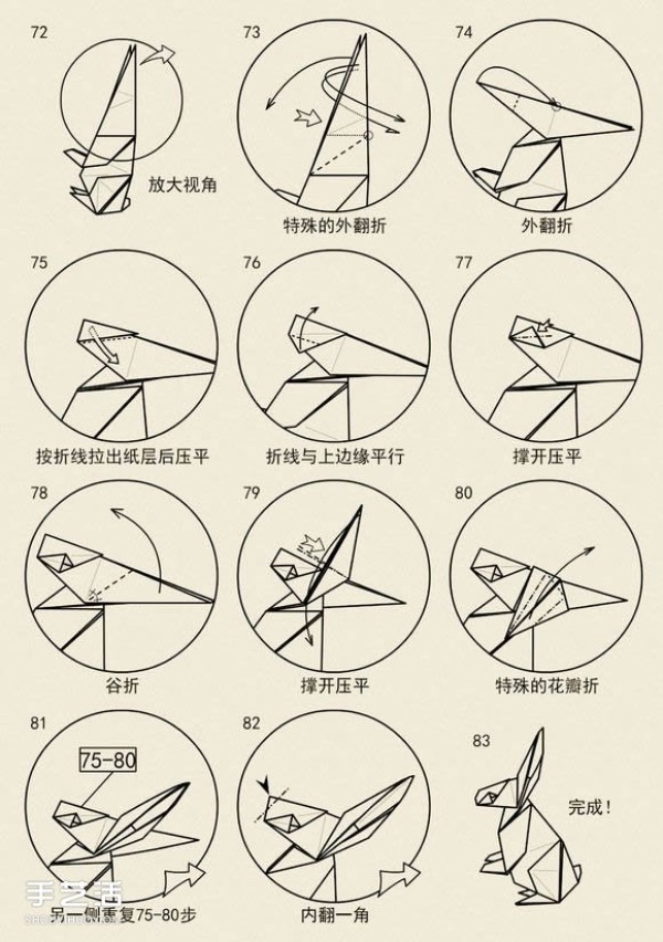 The folding method of a standing rabbit illustrates the steps of folding a rabbit by hand