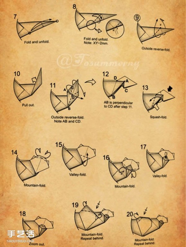 The cat family origami step-by-step diagram, how to fold a three-dimensional cat by hand