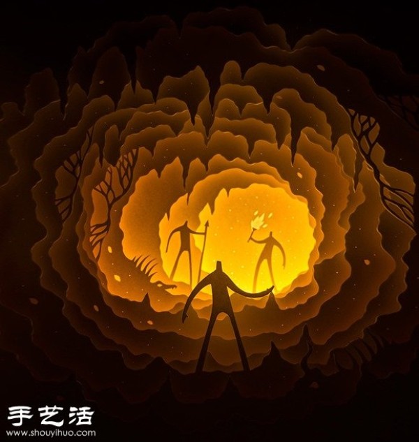 DIY fairy tale color paper sculpture scene with paper cutting and light