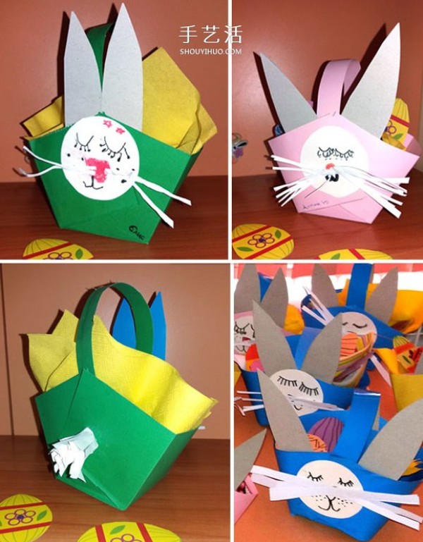 How to make a handmade little rabbit basket using colored paper to make an animal paper basket