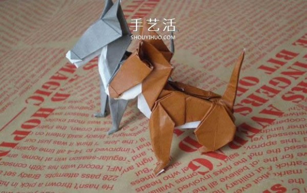 Illustrations of how to fold a cute puppy. Step-by-step pictures of origami puppies.