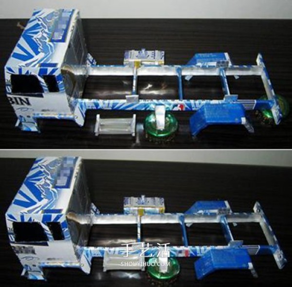 Illustration of how to make an oil tank truck model by hand using cans