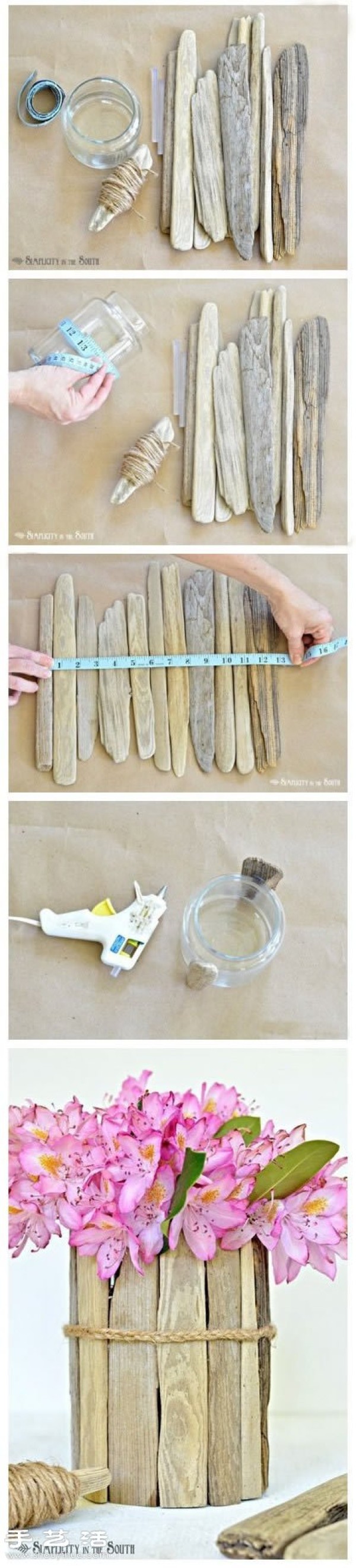 Glass bottle + wooden strip DIY to make an environmentally friendly and tasteful vase