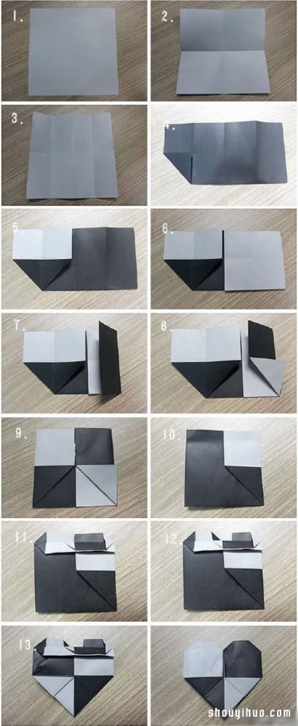 Illustration of how to fold a love heart in two colors of origami paper