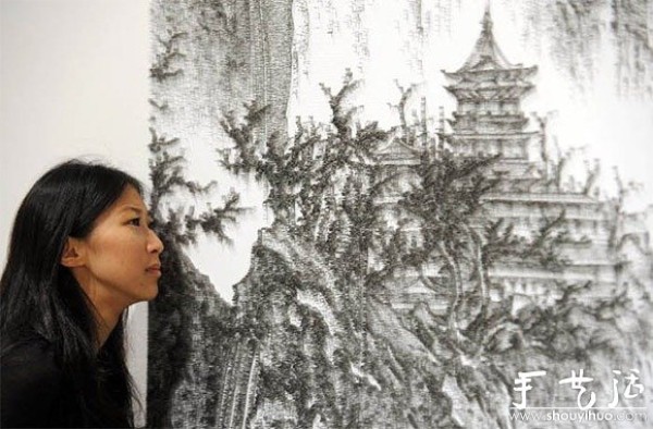 Traditional Chinese landscape painting painted with mosquito nails