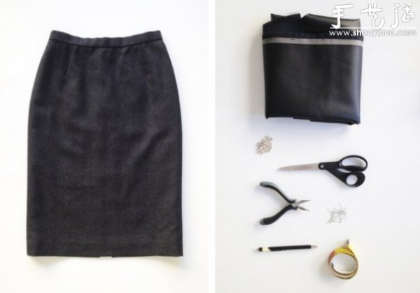 Tutorial of DIY fashionable skirt with woolen skirt stitched with leather