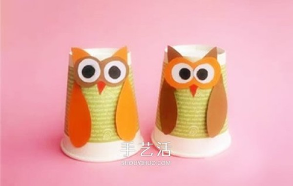 A simple way to make a paper cup owl. Use discarded paper cups! 