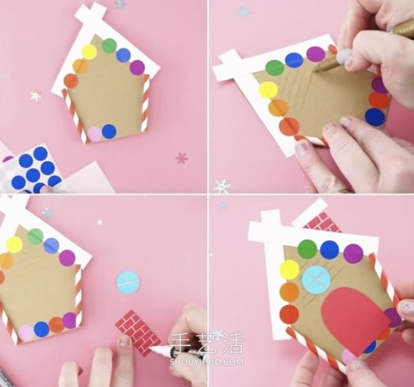 Illustrated tutorial on how to make homemade Christmas gingerbread house cards