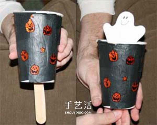 A small handmade Halloween toy production using paper cups to make ghost toys