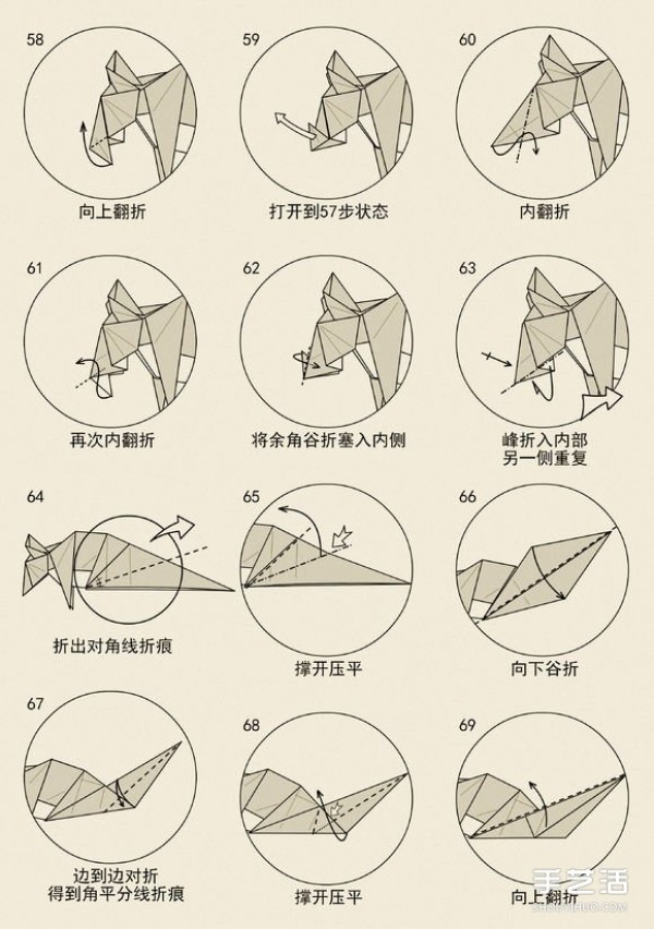 How to make a three-dimensional mouse origami. Illustrations of how to fold a mouse with the twelve zodiac signs