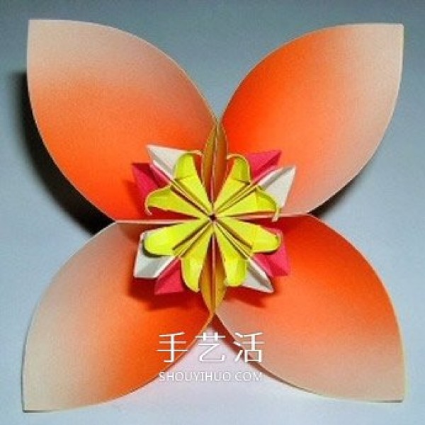 Illustration of the origami method of six four-petal flowers combined into beautiful flower balls