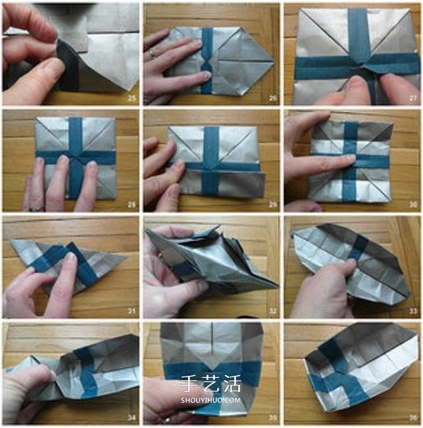 Illustration of folding method of origami gift box with lid and beautiful hydrangea gift box