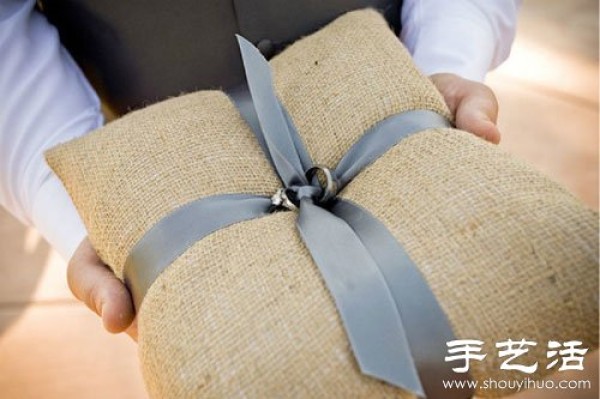 Handmade linen ring pillows commonly seen in forest weddings