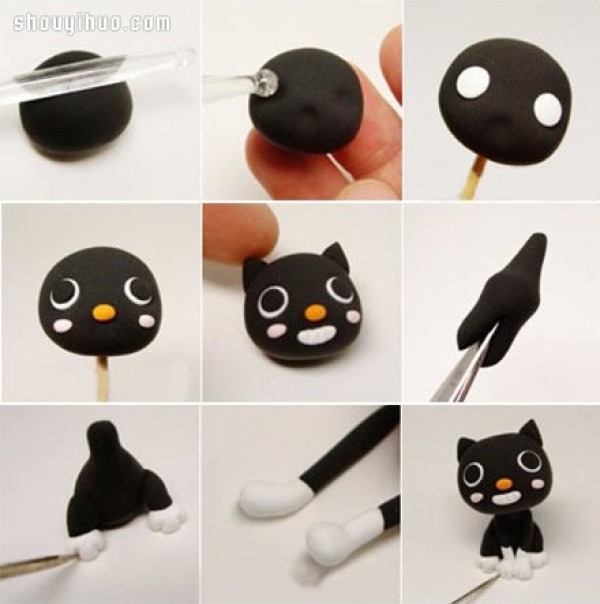 Ultra-light clay handmade DIY illustrated tutorial on making black cat dolls