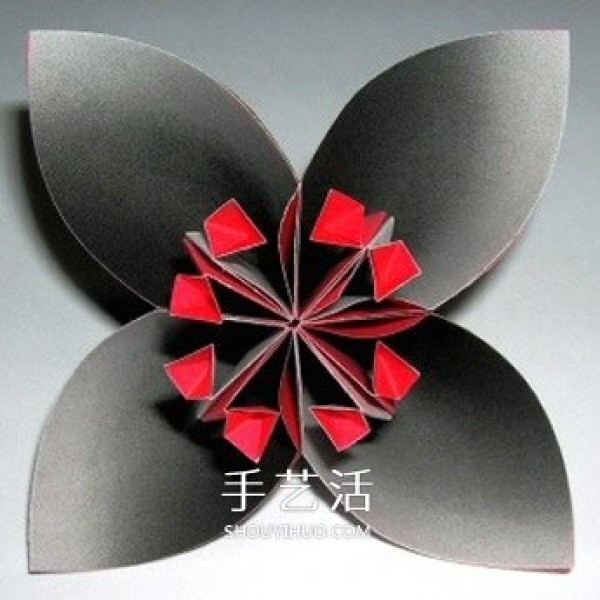 Illustration of the origami method of six four-petal flowers combined into beautiful flower balls