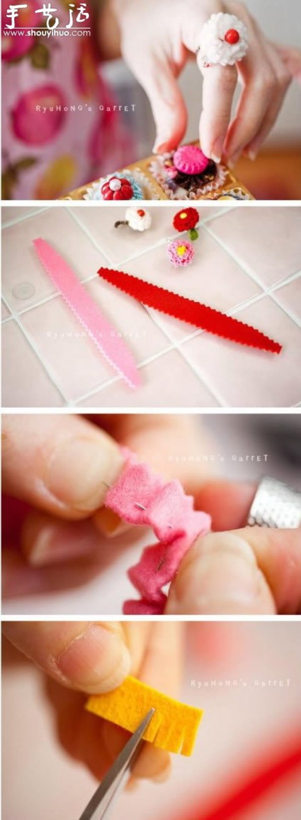 Tutorial on making small flower rings by hand using non-woven fabrics