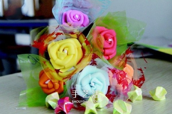 Handmade roses made of colored plastic cotton, homemade rose bouquet made of colored plastic cotton