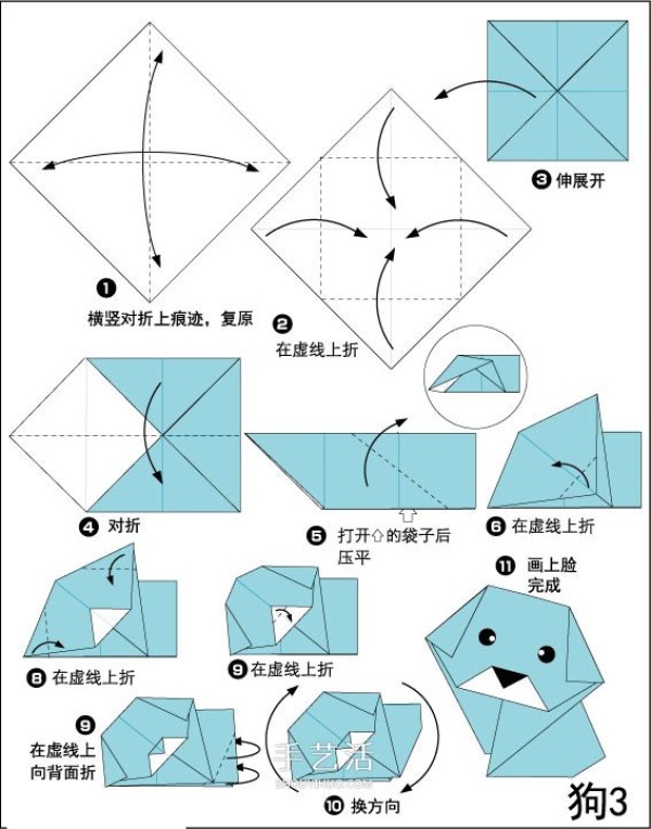 Step-by-step diagram of how to fold a cute puppy, simple origami dog method