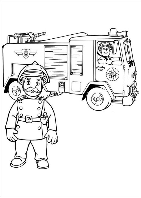 Simple drawing of firefighter and fire truck