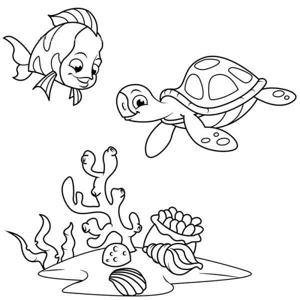 Simple strokes of underwater world, coral fish and small turtles