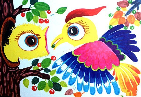 Childrens animal watercolor painting Mother bird feeding her baby