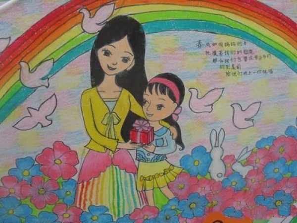 Childrens drawings about Womens Day - giving gifts to mom