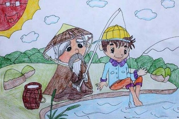 Enjoy fishing with grandpa during the Double Ninth Festival childrens drawings