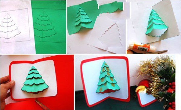 Illustration of making Christmas three-dimensional greeting cards