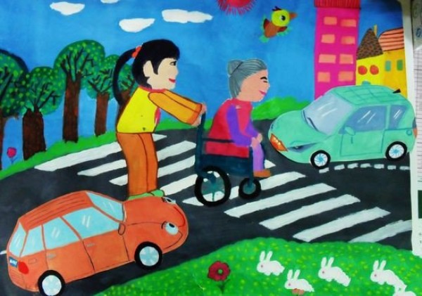 I help the old lady on the road, appreciate the childrens paintings of respecting and loving the elderly during the Double Ninth Festival