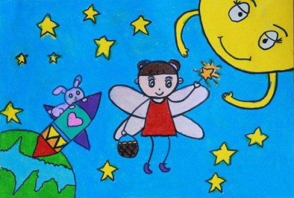 Mid-Autumn Festival theme childrens painting-I give moon cakes to the moon