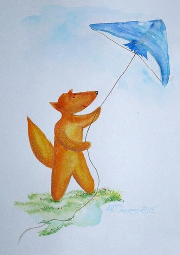 Appreciation of watercolor pictures of little fox flying kites about the sky