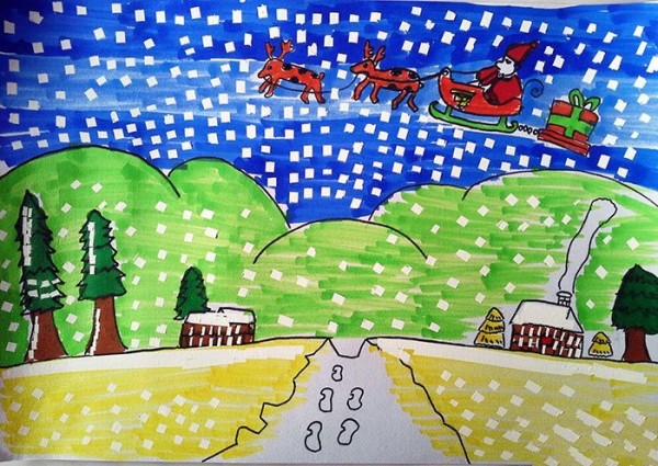 Childrens drawings about winter-white snow falling