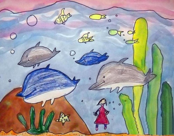 Go to the aquarium to see dolphins and share the summer vacation theme painting