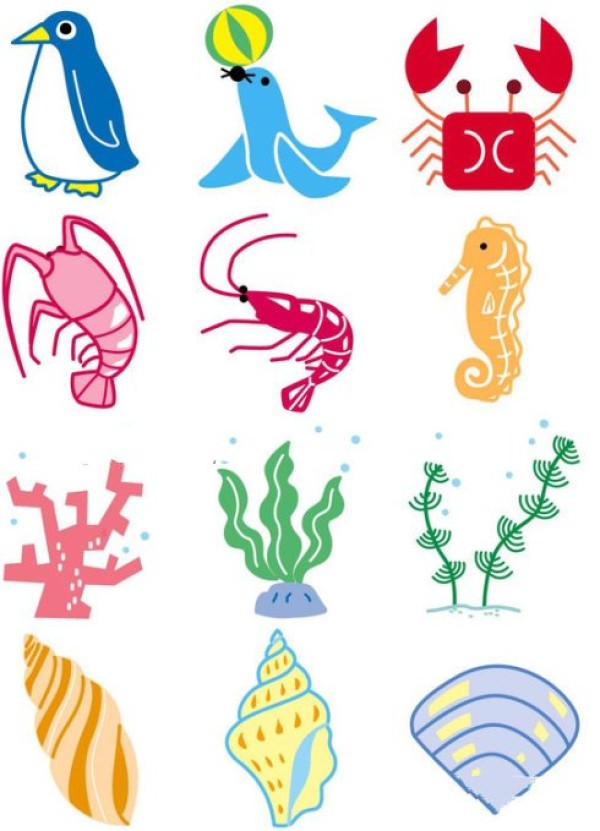 Childrens simple drawings of colorful marine life