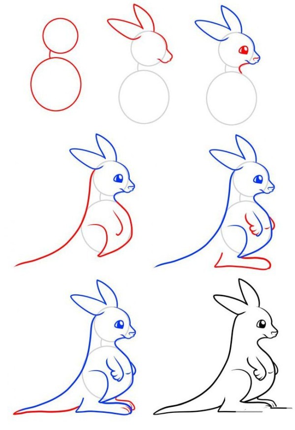 Simple drawing tutorial, step by step drawing of kangaroo mother