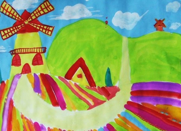 Childrens drawing of colorful windmill