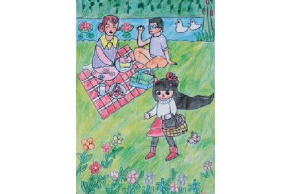 A collection of crayon drawing pictures of little girls going on a picnic with their parents