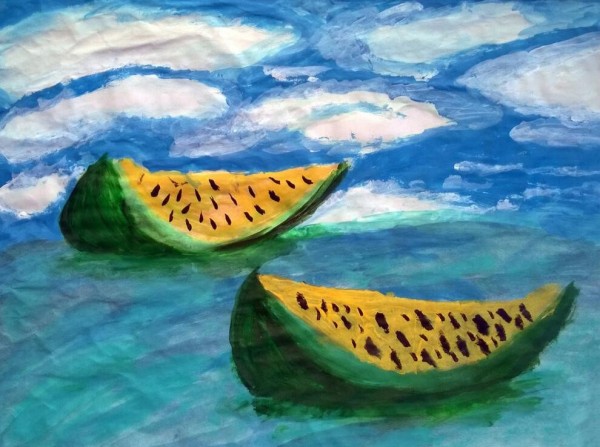 Appreciation of summer gouache pictures of watermelon boats on the lake