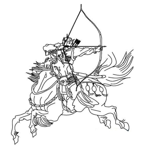 Simple drawing of ancient figures riding horses and archery