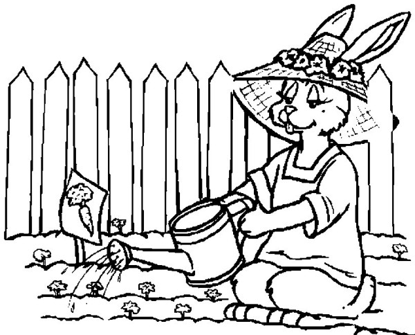 Simple picture of rabbit watering flowers