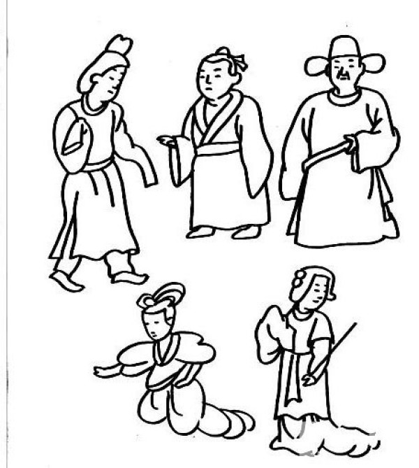 Childrens simple drawings of characters in ancient costumes