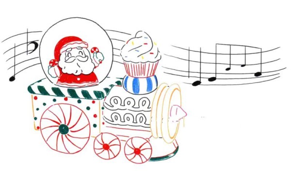 Simple drawing of Santa Claus driving a train