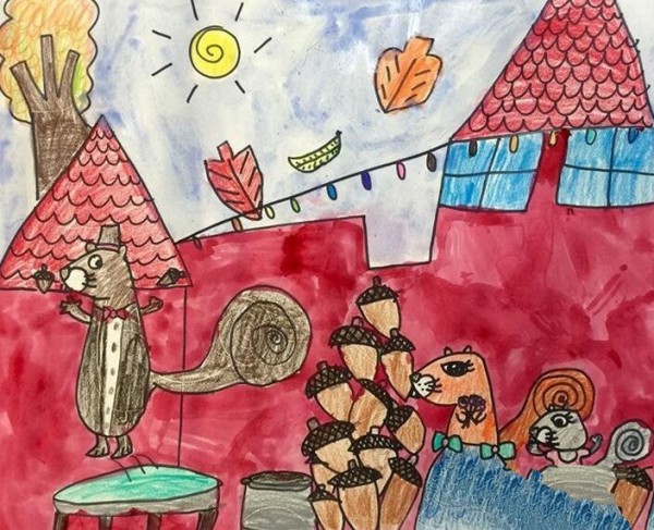 A busy squirrel family draws autumn pictures to share