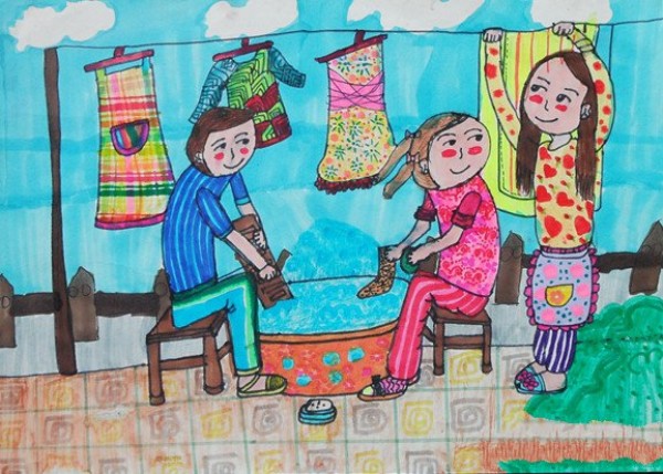 Childrens drawing of washing clothes by themselves