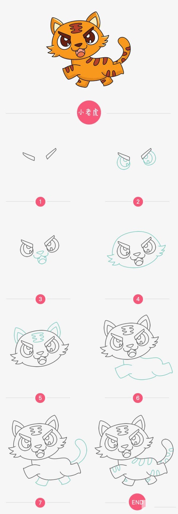 Cartoon little tiger simple drawing steps