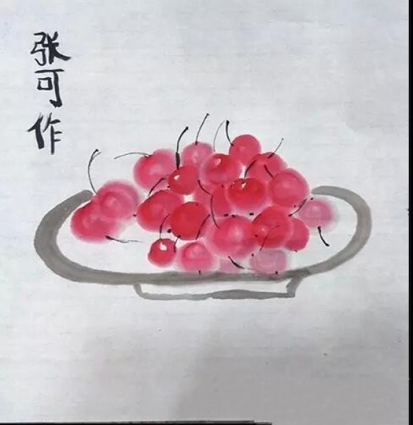 A plate of red cherries, freehand Chinese painting of flowers and birds