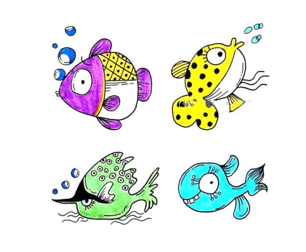 12 simple color drawings of fish