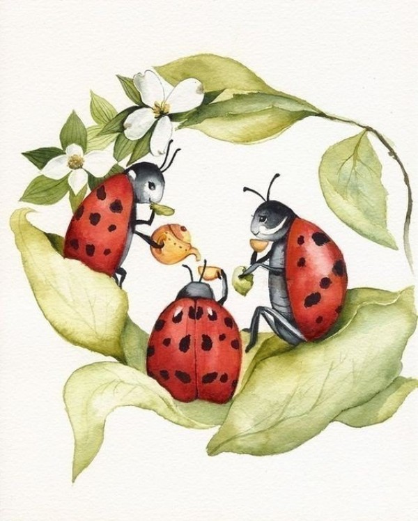 Animal family watercolor painting: Afternoon tea of ??the seven-star ladybug