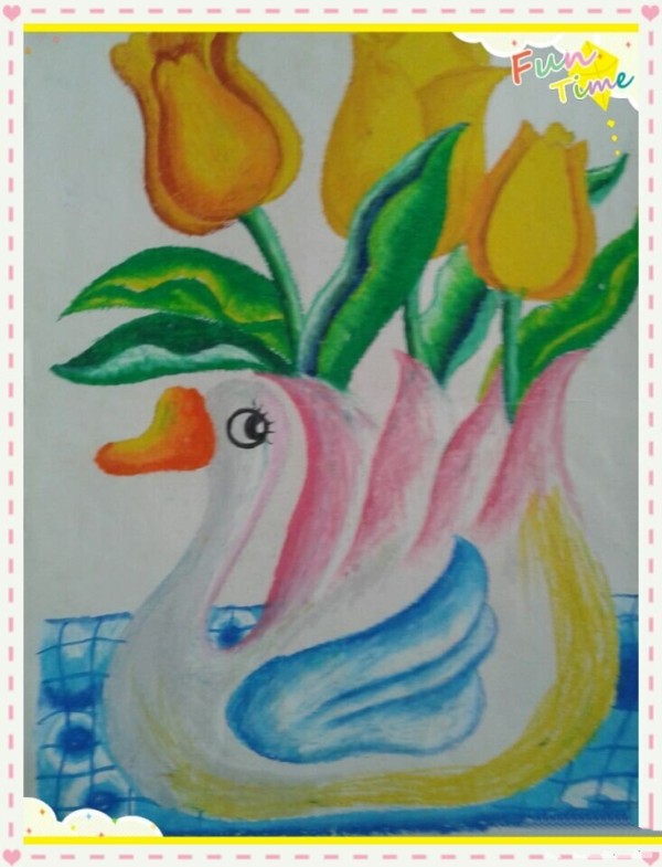 Childrens drawing of white goose vase